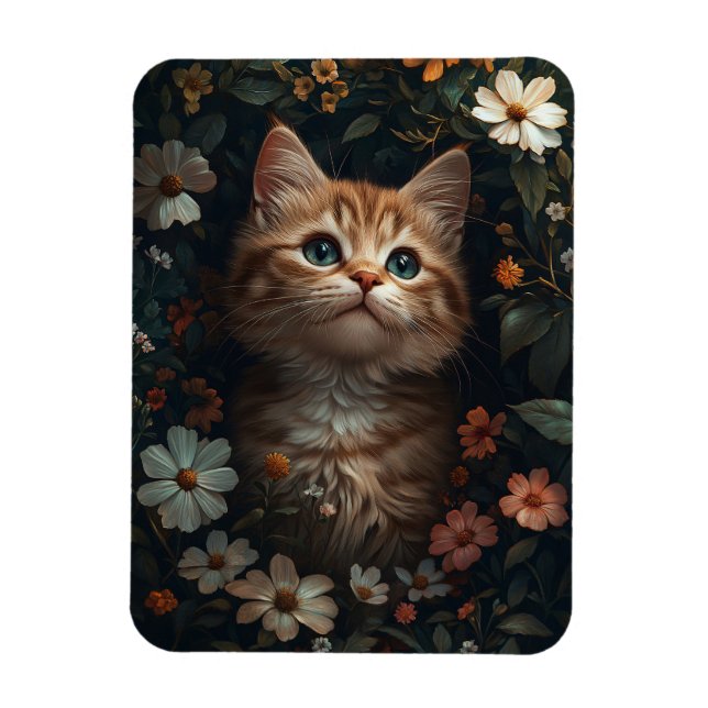 Magnet Flexible Joli Chaton Orange avec Fleurs Sauvages (Vertical)