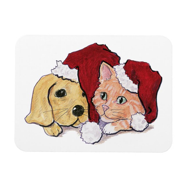 Magnet Flexible Joli Christmas Labrador Puppy et Orange Tabby (Horizontal)