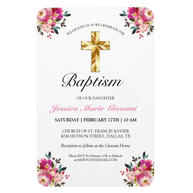Magnet Flexible Joli PInk Floral Gold Cross Baptism Invitation (Vertical)