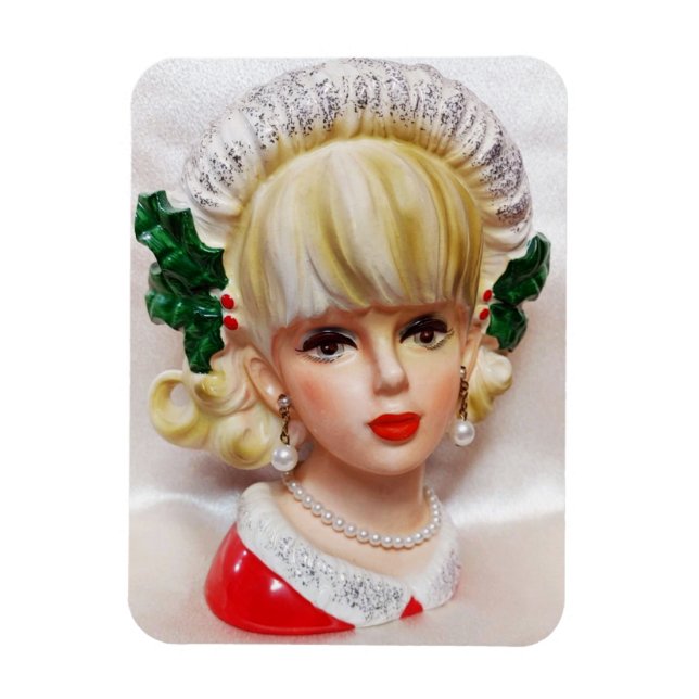 Magnet Flexible Jolie Noël Fille Tête Vase Holly et fourrure (Vertical)