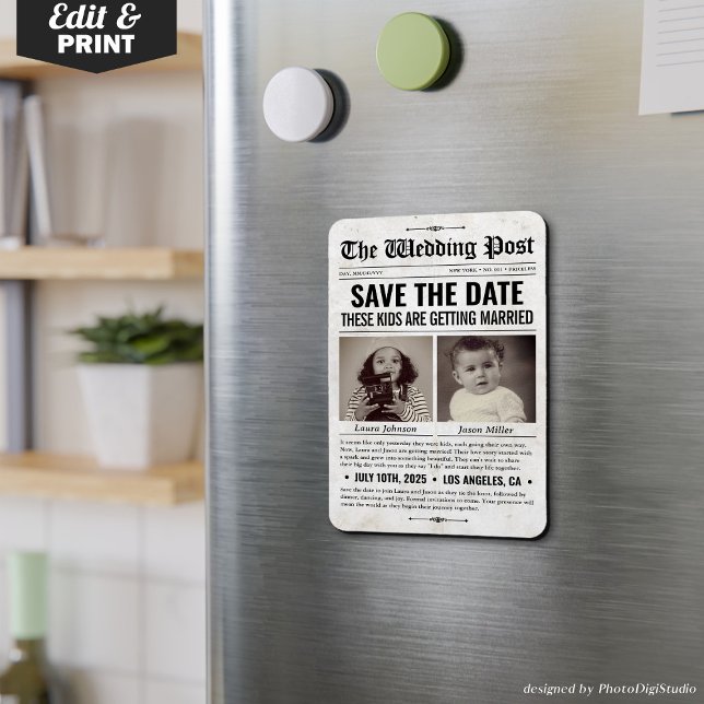 Magnet Flexible Journal de mariage personnalisé Enregistrer la dat (Custom Wedding Newspaper Save the Date Invitation Magnet These Kids are getting married)