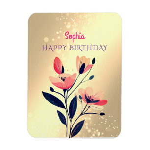 Magnet Flexible Joyeux Anniversaire, Nom, Fleurs sur Or