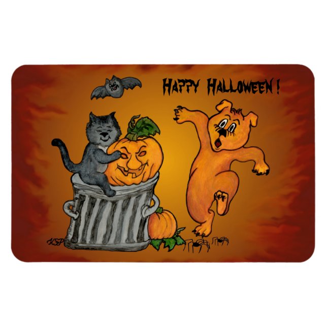 Magnet Flexible Joyeux Halloween avec Chat Chat Chien et Araignée (Horizontal)