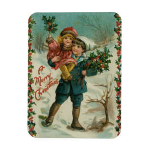 Magnet Flexible Joyeux Noël - carte postale rétro, enfants, houx