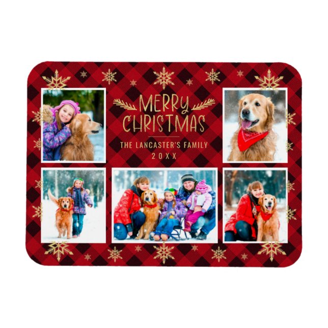 Magnet Flexible Joyeux Noël Red Plaid Gold Snowflakes 5 Photo (Horizontal)