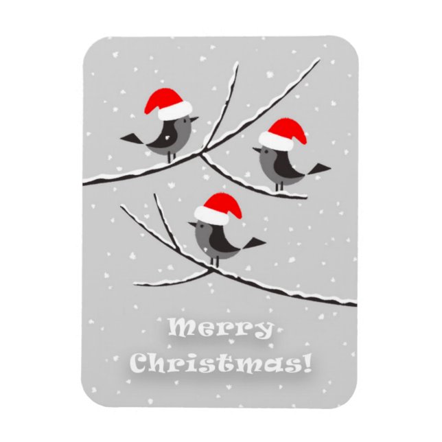 Magnet Flexible Joyeux Noël Red Santa Hat Birds (Vertical)