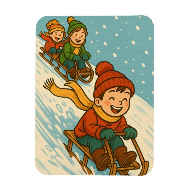 Magnet Flexible Joyful Sled Ride – Cute Kids Sleigh Riding Winter (Vertical)