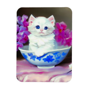 Magnet Flexible Kitten blanc vintage aux fleurs roses