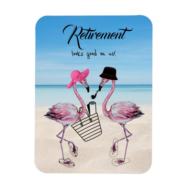Magnet Flexible La retraite nous va bien ! Flamant rose sur la pla (Vertical)