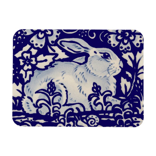 Magnet Flexible Lapin de Pâques Lapin Artistique Bleu Blanc Floral (Horizontal)