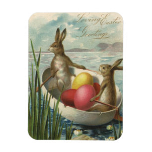 Magnet Flexible Lapins vintage dans un bateau, Vœux de Pâques affe