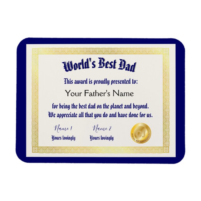 Magnet Flexible Le meilleur certificat papa du monde Funny moderne (Horizontal)