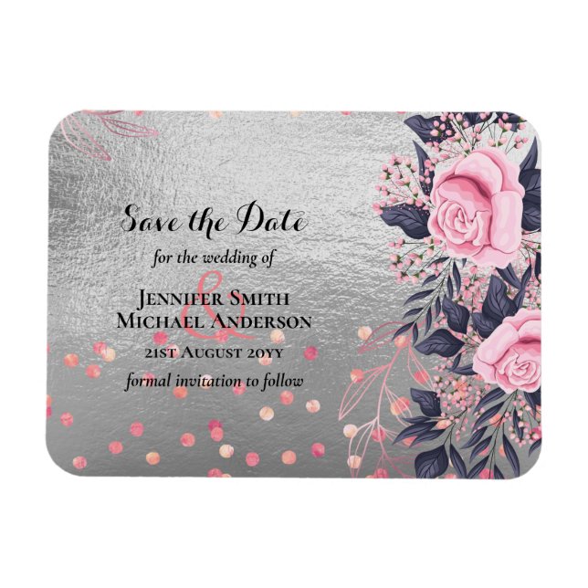 Magnet Flexible LeahG Silver Navy Rosegold PInk Floral Mariage (Horizontal)