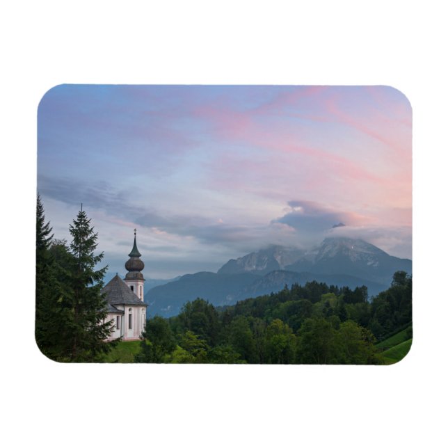 Magnet Flexible L'église avec les Alpes au coucher du soleil (Horizontal)