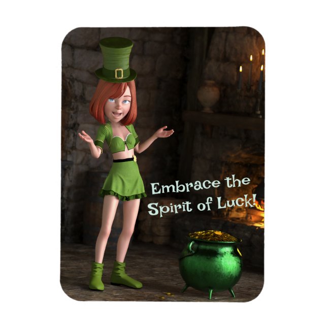 Magnet Flexible Leprechaun Toon Girl à côté du pot d'or (Vertical)