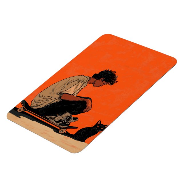 Magnet Flexible Les ados sitting on skateboard and next to his cat (Côté Gauche)