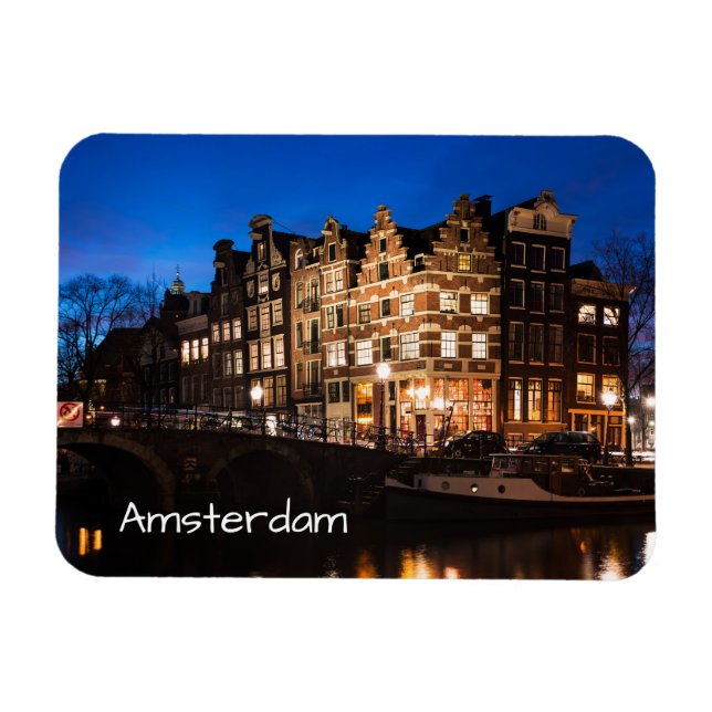 Magnet Flexible Les maisons du canal d'Amsterdam la nuit (Horizontal)