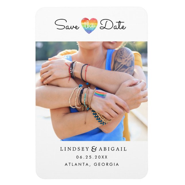 Magnet Flexible LGBTQ Rainbow Heart Save the Date with Photo (Vertical)