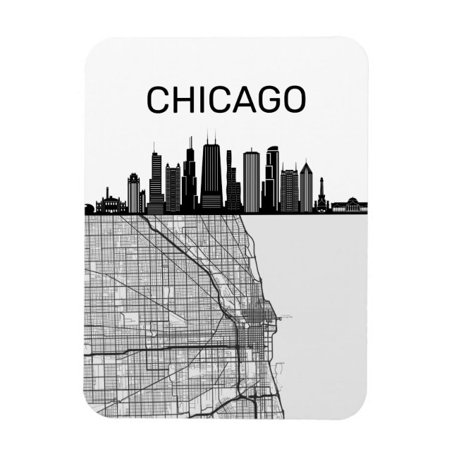 Magnet Flexible Ligne Skyline Ville De Chicago Illinois Avec Carte (Vertical)