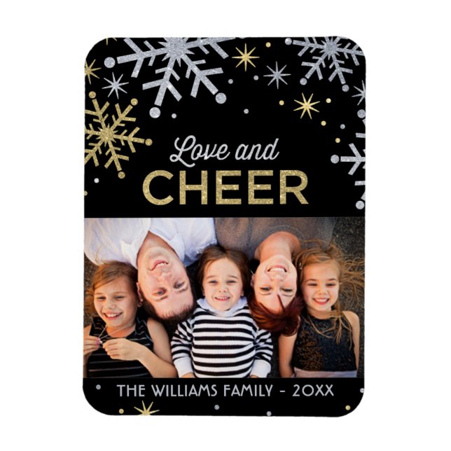 Magnet Flexible Love and Cheer Silver and Gold Snowflakes Photo (Vertical)