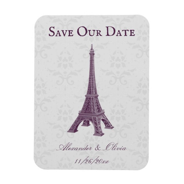 Magnet Flexible Magenta Eiffel Tower Damask Enregistrer La Date Ma (Vertical)