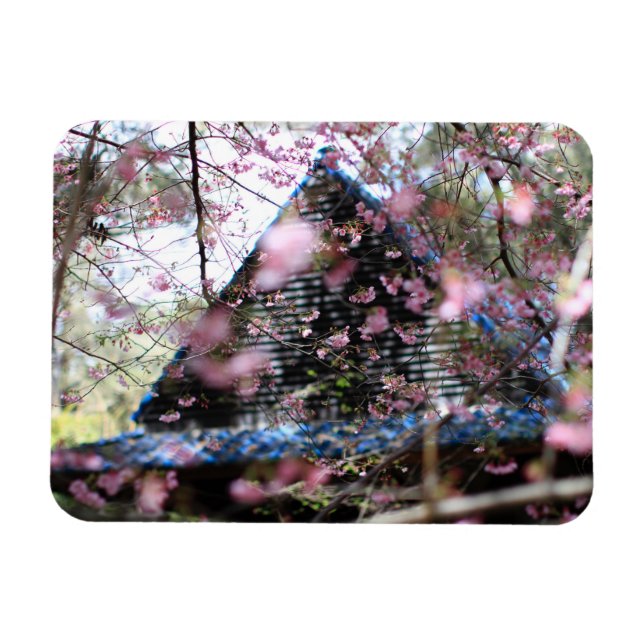 Magnet Flexible Maison de bois à fleurs roses (Horizontal)