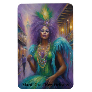 Magnet Flexible Mardi Gras Reine En Costume Plumes & Perles Texte