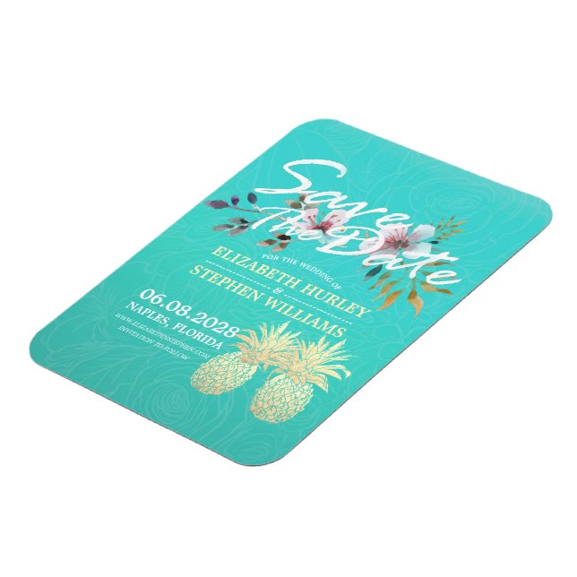 Magnet Flexible Mariage Enregistrer La Date Ananas D'Or Roses Turq (Côté Gauche)