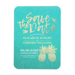 Magnet Flexible Mariage Enregistrer La Date Ananas D'Or Roses Turq