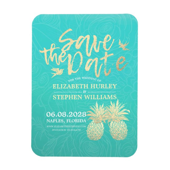 Magnet Flexible Mariage Enregistrer La Date Ananas D'Or Roses Turq (Vertical)