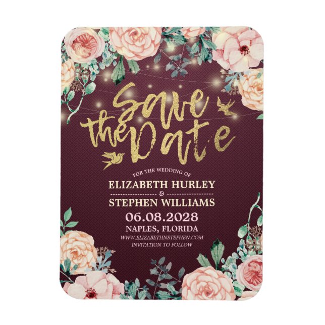 Magnet Flexible Mariage Enregistrer La Date Bourgogne Floral Chaîn (Vertical)