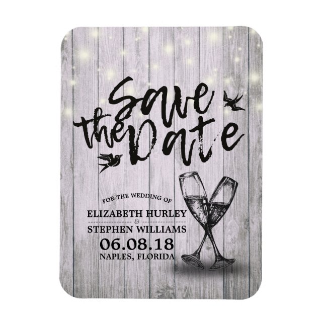 Magnet Flexible Mariage Enregistrer La Date Champagne Verres Bois  (Vertical)