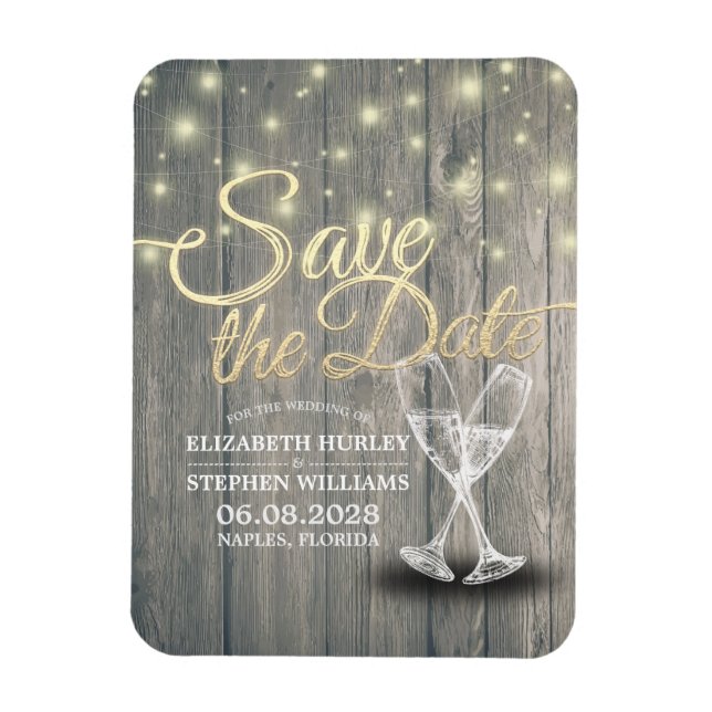 Magnet Flexible Mariage Enregistrer La Date Champagne Verres Bois  (Vertical)
