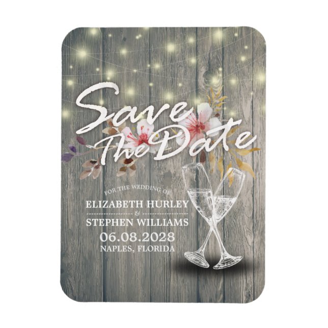 Magnet Flexible Mariage Enregistrer La Date Champagne Verres Bois  (Vertical)