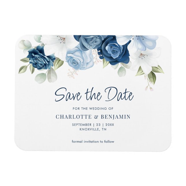 Magnet Flexible Mariage floral bleu Dusty moderne Enregistrer la d (Horizontal)
