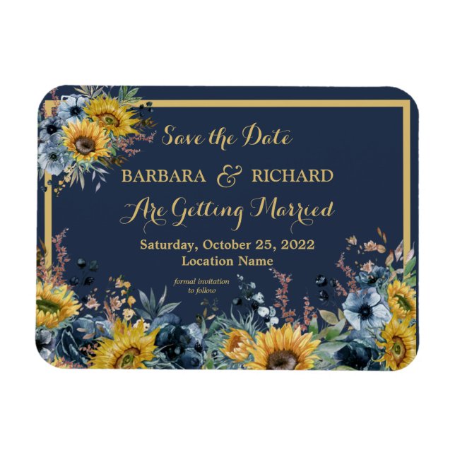 Magnet Flexible Mariage floral de tournesol bleu marine Date de sa (Horizontal)