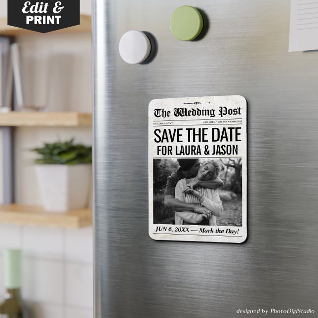 Magnet Flexible Mariage personnalisé Enregistrer la date Invitatio (Custom Wedding Save the Date Invitation Newspaper Magnet)