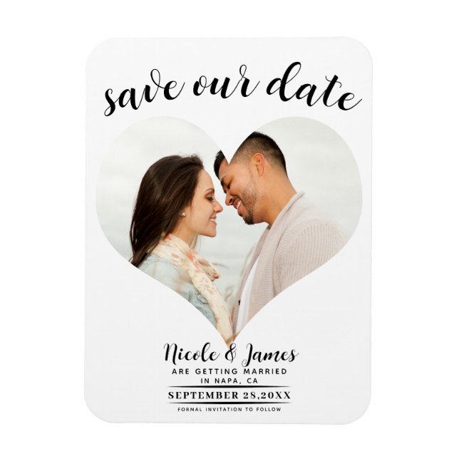 Magnet Flexible Mariage photo au coeur blanc Sauvez la date (Vertical)