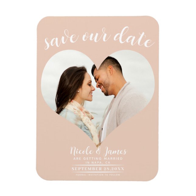 Magnet Flexible Mariage photo Coeur Pêcher Enregistrer la date (Vertical)
