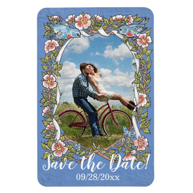 Magnet Flexible Mariage photo floral aux oiseaux bleu clair Date d (Vertical)