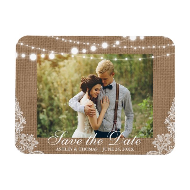 Magnet Flexible Mariage rustique Burlap Lights Lace Enregistrer la (Horizontal)