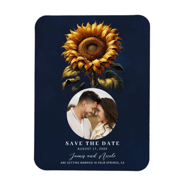 Magnet Flexible Mariage Tournesol Rustique Bleu Enregistrez la Dat (Vertical)