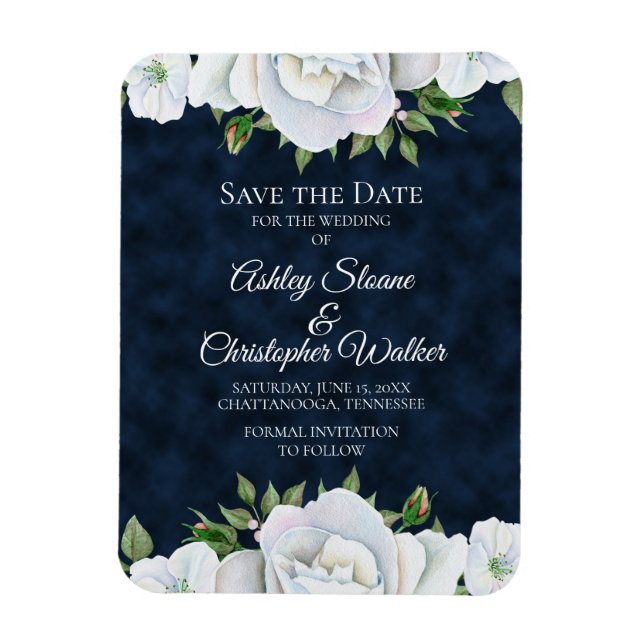 Magnet Flexible Marine Bleu Blanc Mariage floral Enregistrer la da (Vertical)