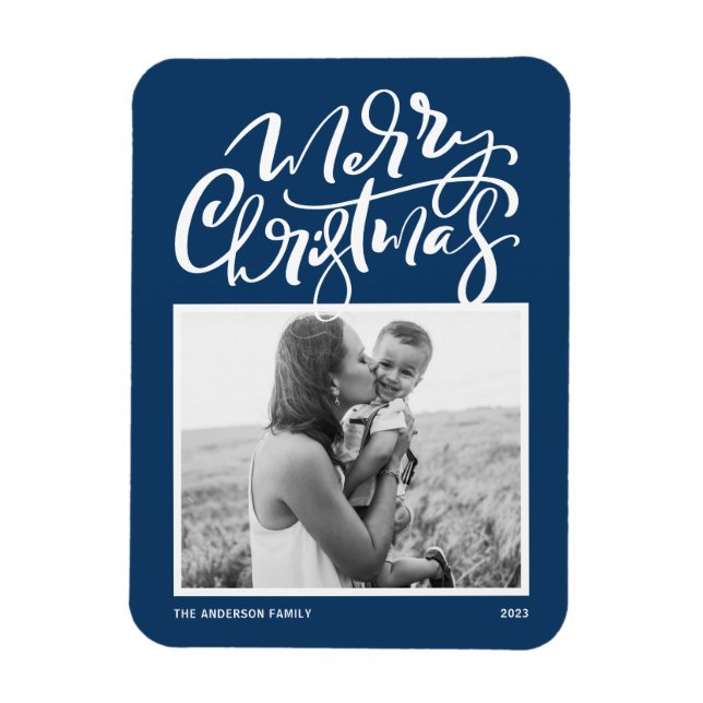 Magnet Flexible Marine bleu Moderne Calligraphie photo Noël (Vertical)