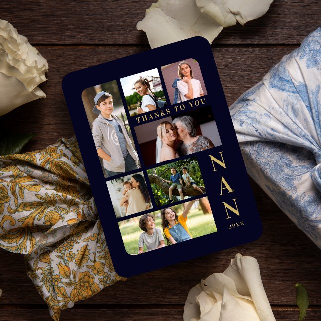 Magnet Flexible Marine & Gold Classic 7 Multi Photos Collage Famil (Navy Blue & Fake Gold Classic 7 Multi Photos Collage Family Magnet.)