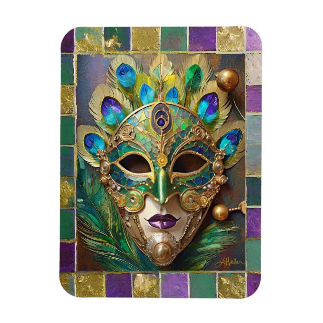 Magnet Flexible Masque de plumes de paon en céramique Mardi Gras G (Vertical)