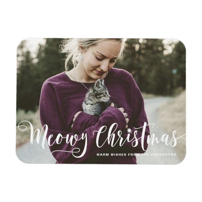 Magnet Flexible Meowy Noël Calligraphie moderne Photo Chat (Horizontal)