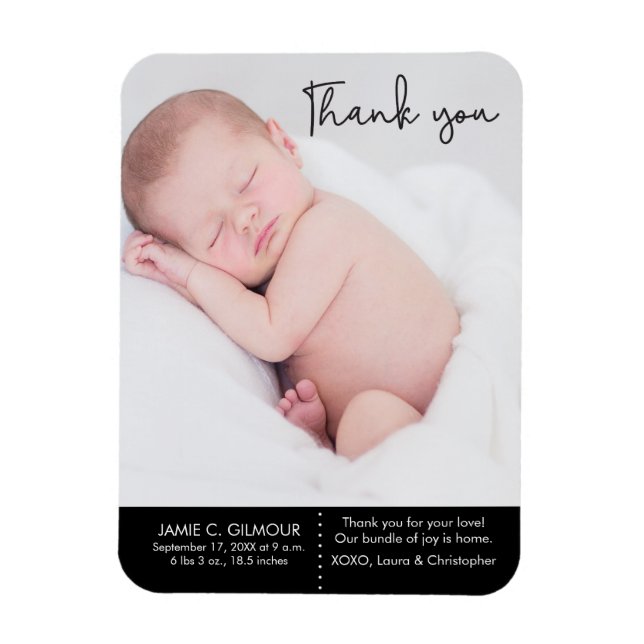 Magnet Flexible Merci et Faire-part de naissance bébé, texte du sc (Vertical)
