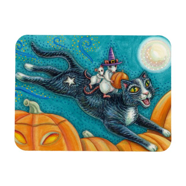 MAGNET FLEXIBLE MICE BLANCHE & CHAT NOIR SUR CHASSE HALLOWEEN SCAV (Horizontal)