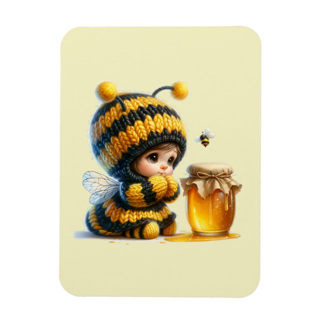 Magnet Flexible Mignonne fille en costume d'abeille avec miel (Vertical)